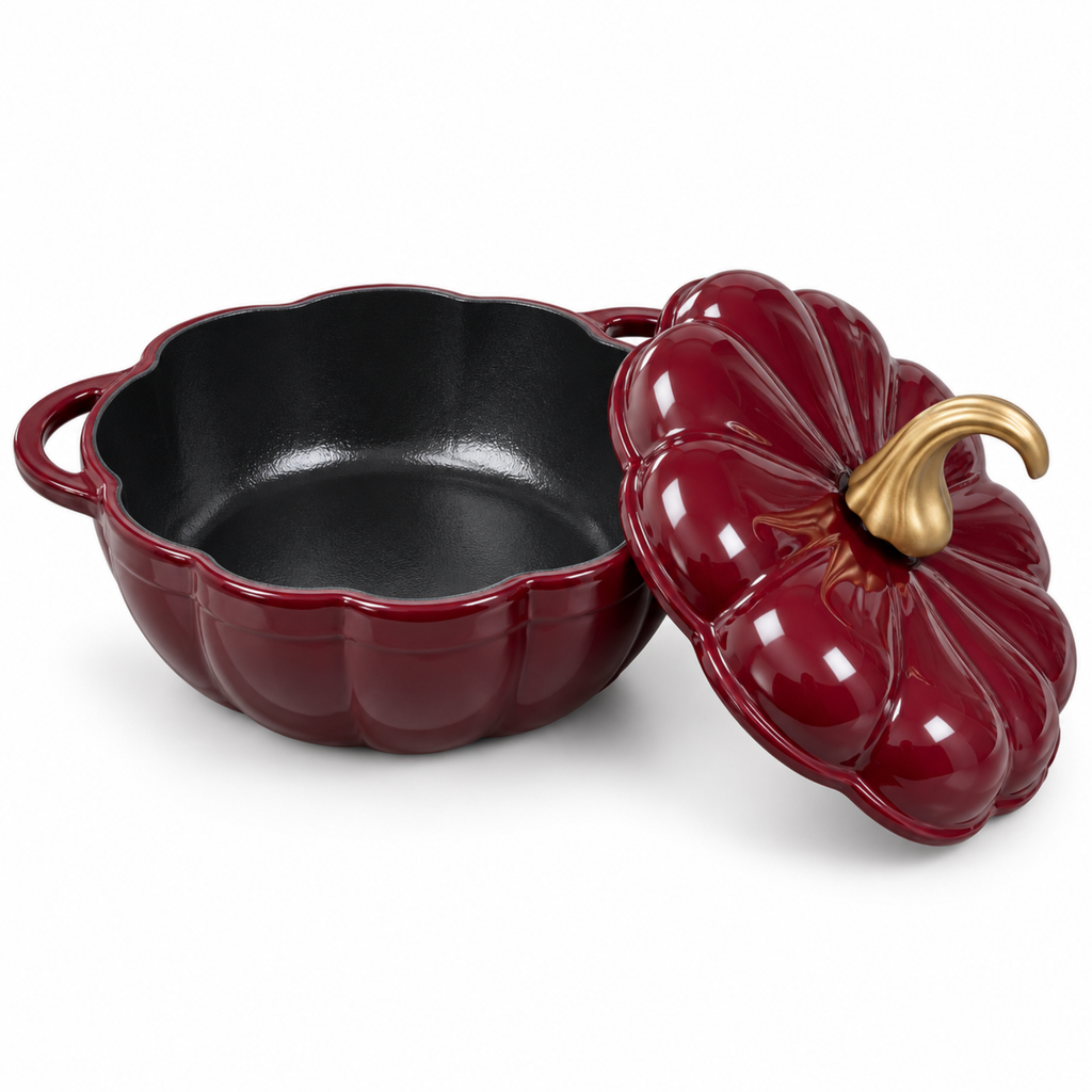 Pompoenvormige Gietijzeren Braadpan/stoofpan met Deksel – Bordeauxrode