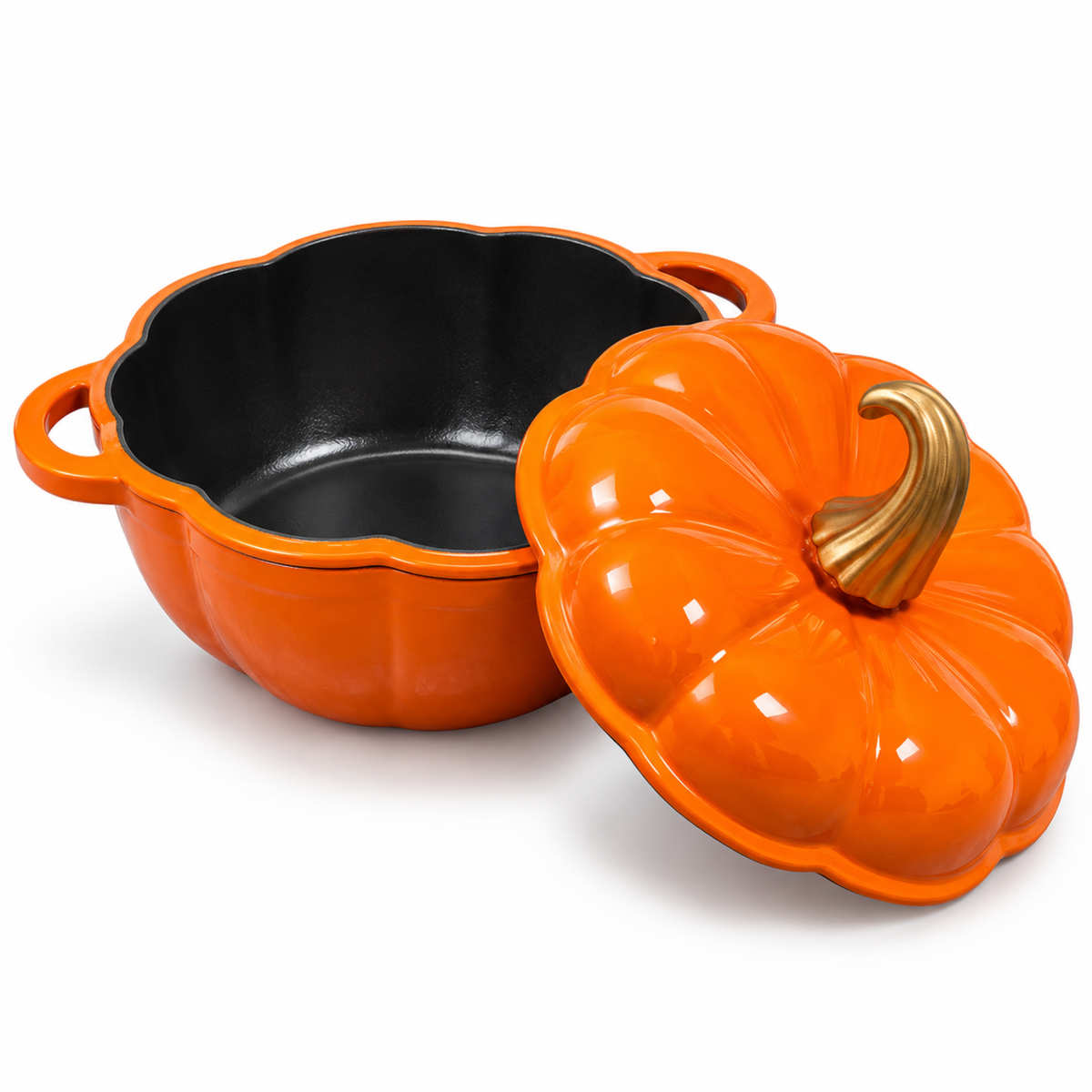 Oranje Pompoenvormige Gietijzeren Braadpan met Deksel