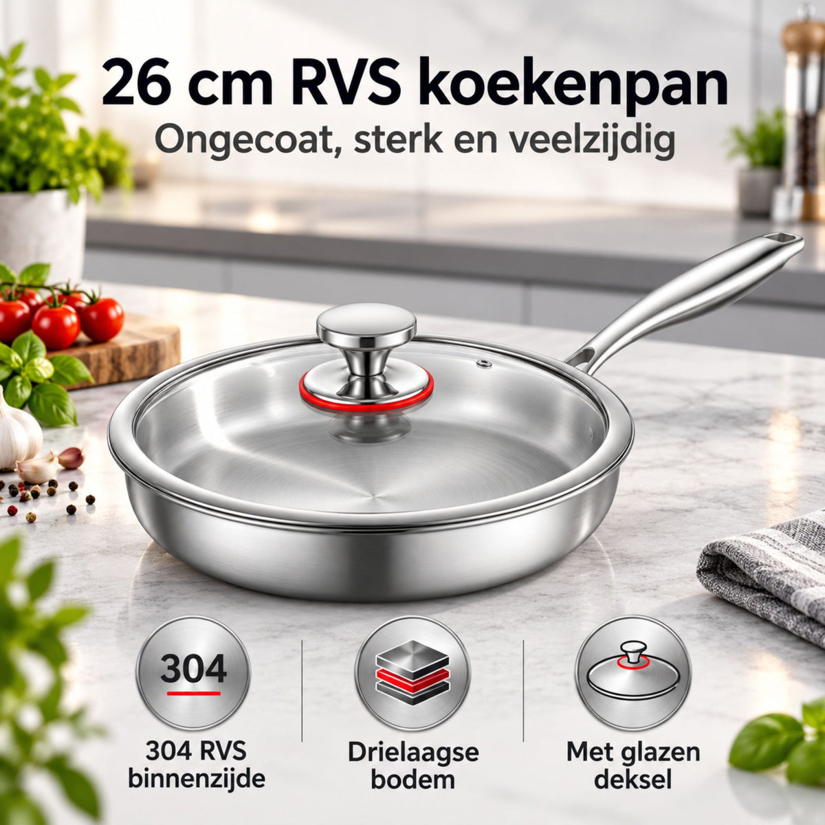 Drielaagse RVS Koekenpan met Glazen Deksel – Ongecoate 304 RVS Braadpan
