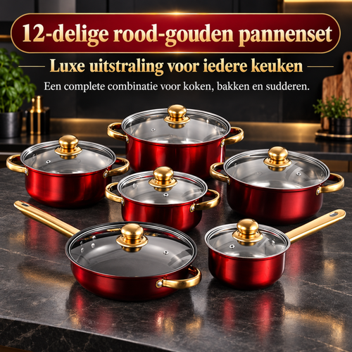 12-delige Pannenset Rood met Goudkleurige Handgrepen