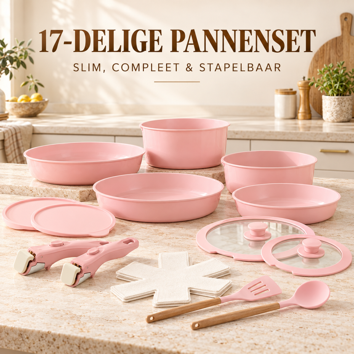 17-Delige Roze Pannenset met Afneembare Handgrepen