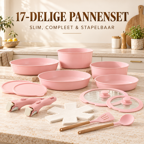 17-Delige Roze Pannenset met Afneembare Handgrepen