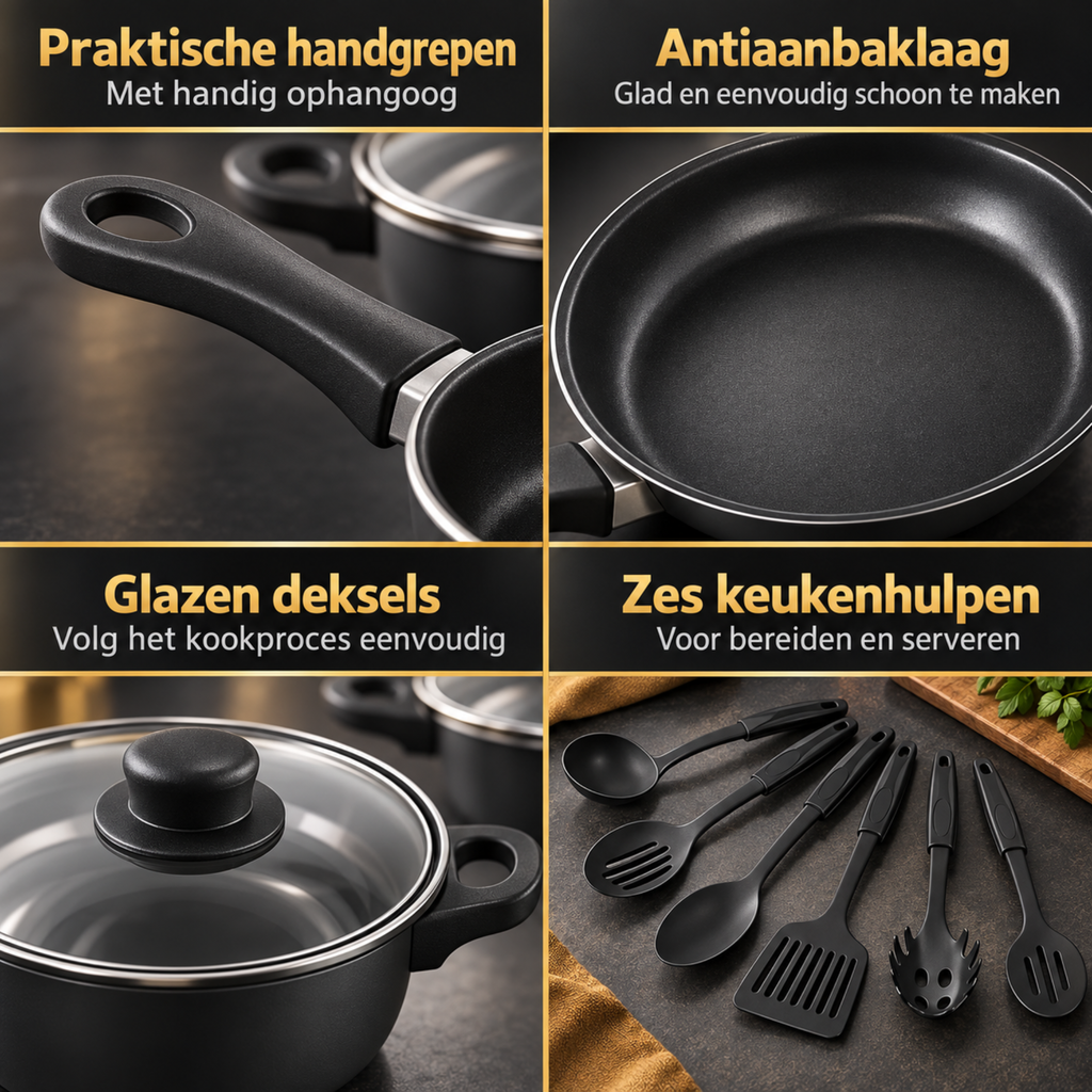 13-delige Pannenset met Antiaanbaklaag - Zwart
