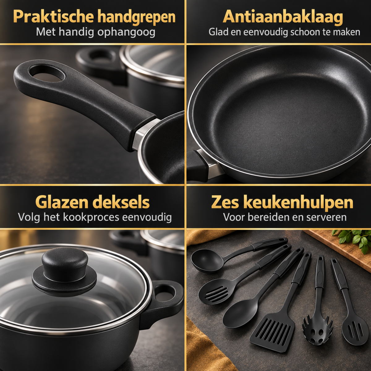13-delige Pannenset met Antiaanbaklaag - Zwart