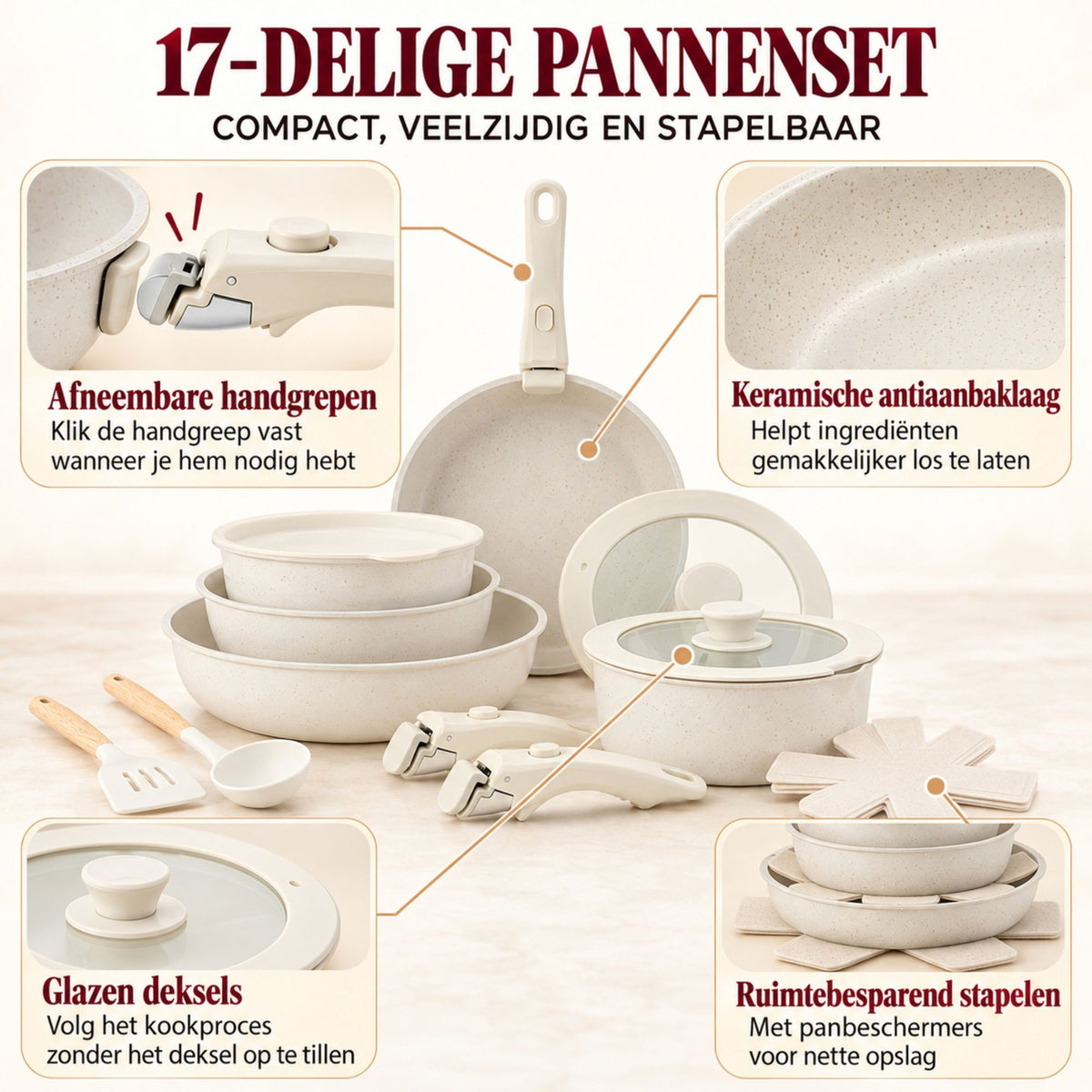 17-Delige Witte Aluminium Pannenset met Afneembare Handgrepen