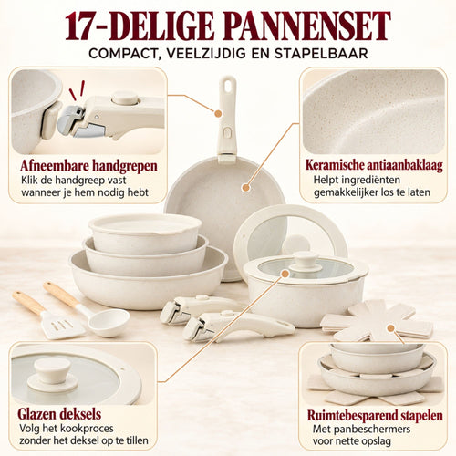 17-Delige Witte Aluminium Pannenset met Afneembare Handgrepen