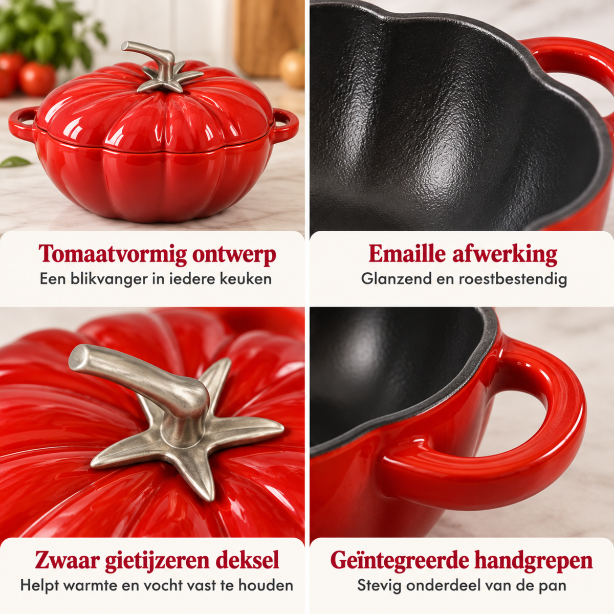 Tomaatvormige Gietijzeren Braadpan met Deksel