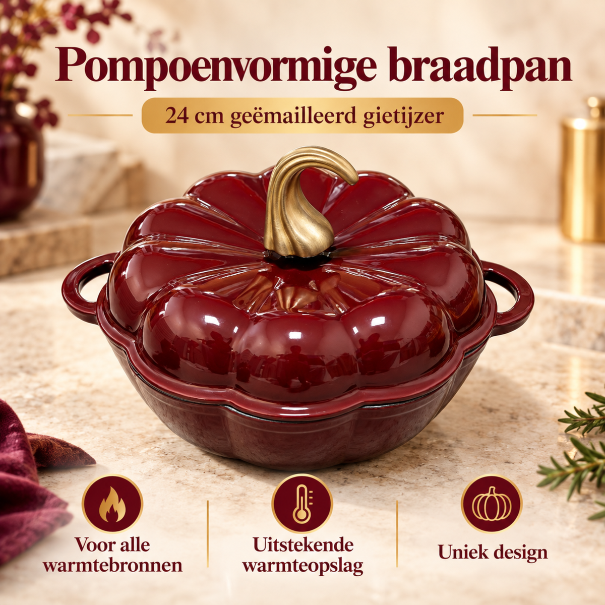 Pompoenvormige Gietijzeren Braadpan/stoofpan met Deksel – Bordeauxrode