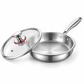 Drielaagse RVS Koekenpan met Glazen Deksel – Ongecoate 304 RVS Braadpan