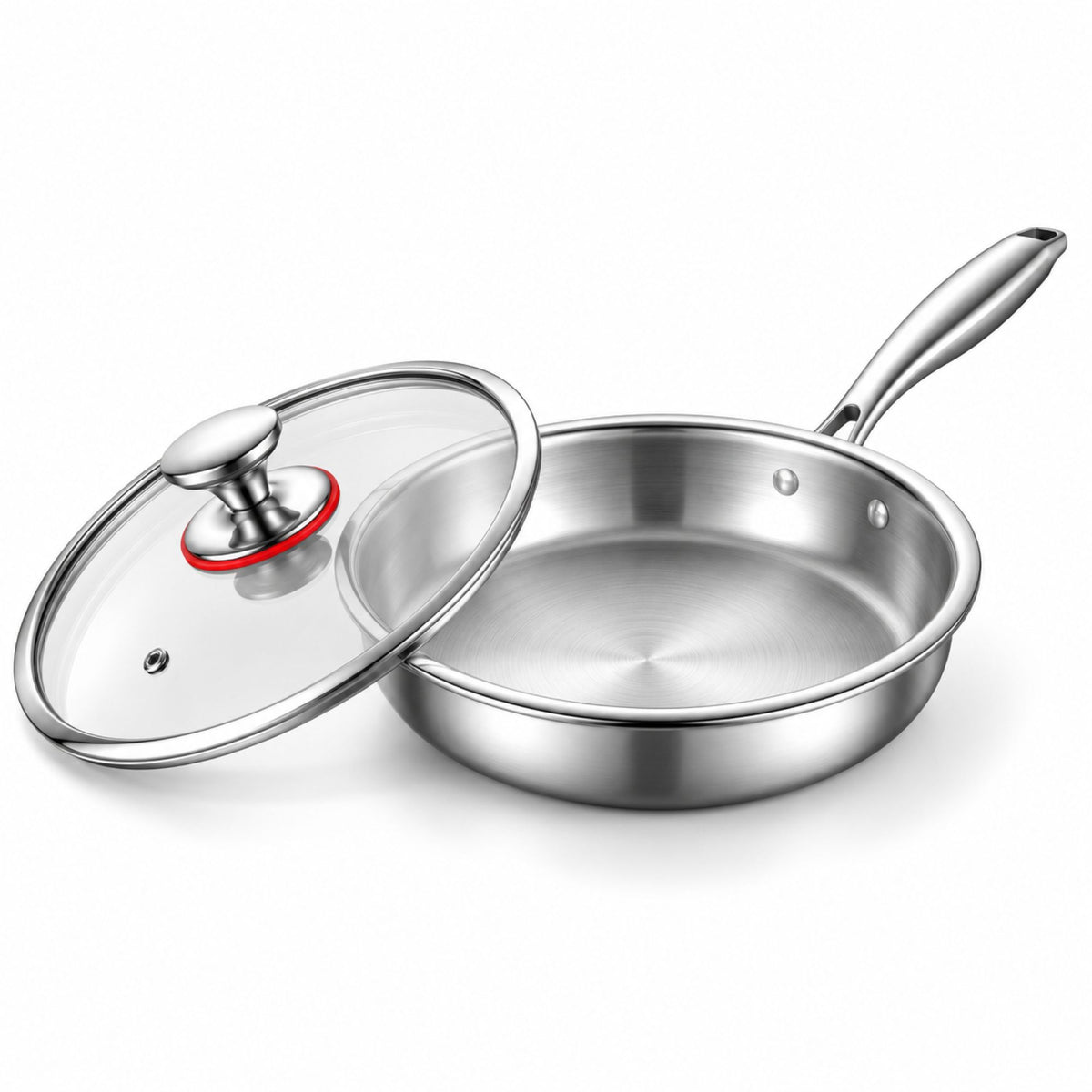Drielaagse RVS Koekenpan met Glazen Deksel – Ongecoate 304 RVS Braadpan