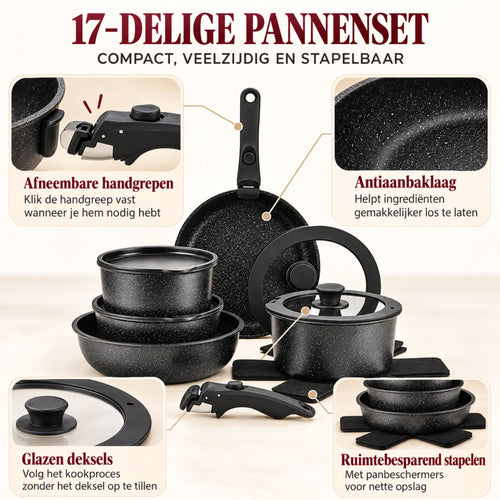 17-delige Aluminium Pannenset met Afneembare Handgrepen