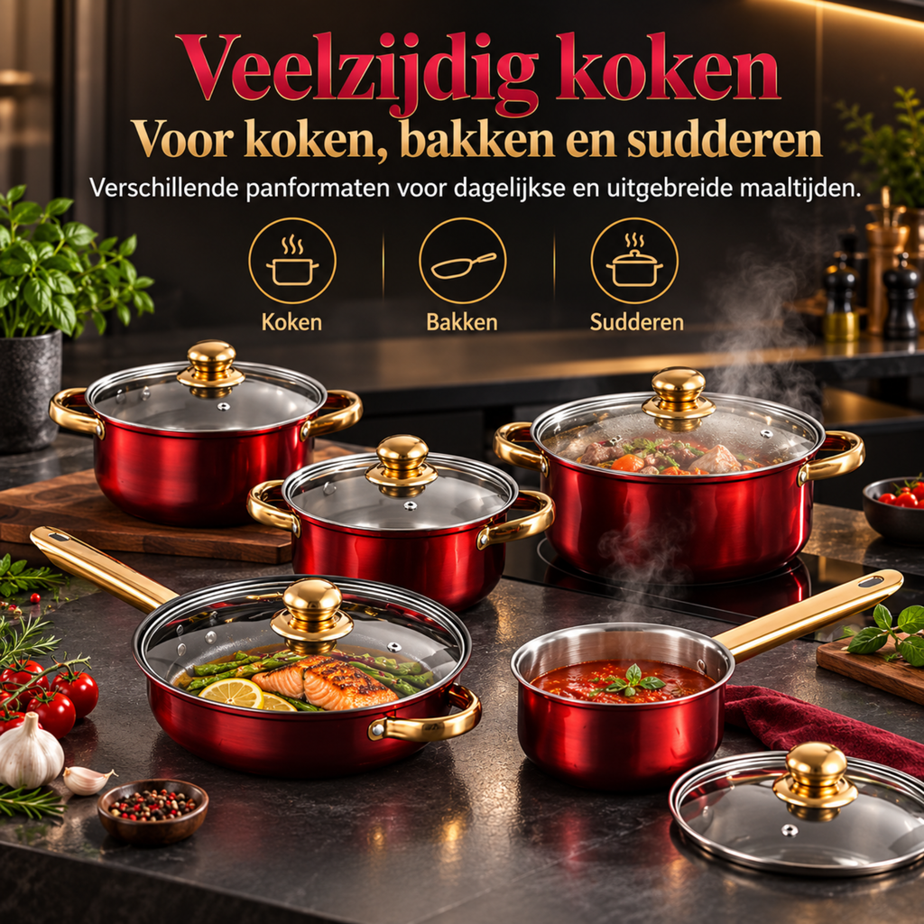 12-delige Pannenset Rood met Goudkleurige Handgrepen