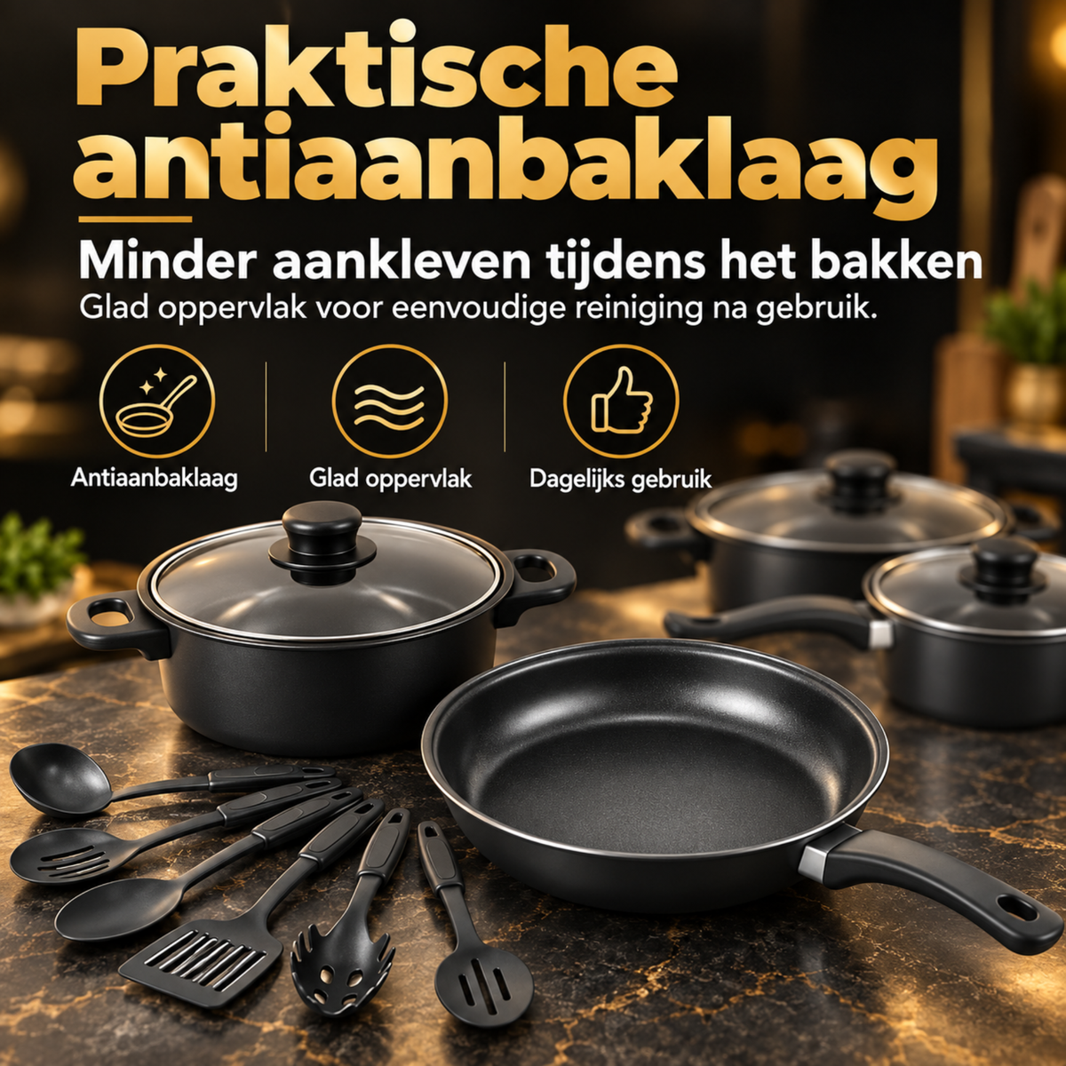 13-delige Pannenset met Antiaanbaklaag - Zwart