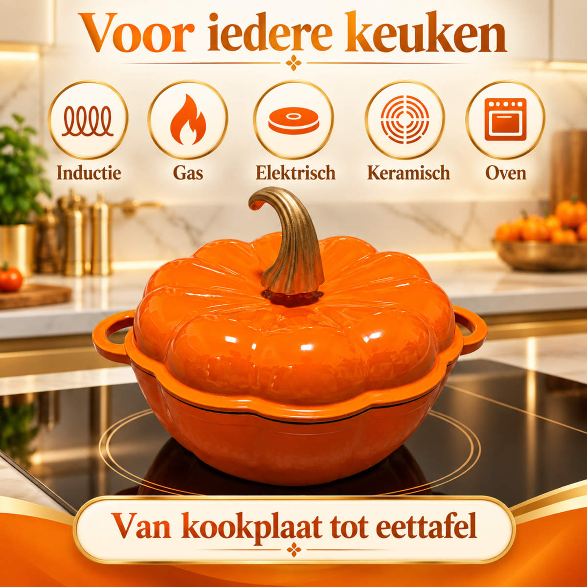 Oranje Pompoenvormige Gietijzeren Braadpan met Deksel