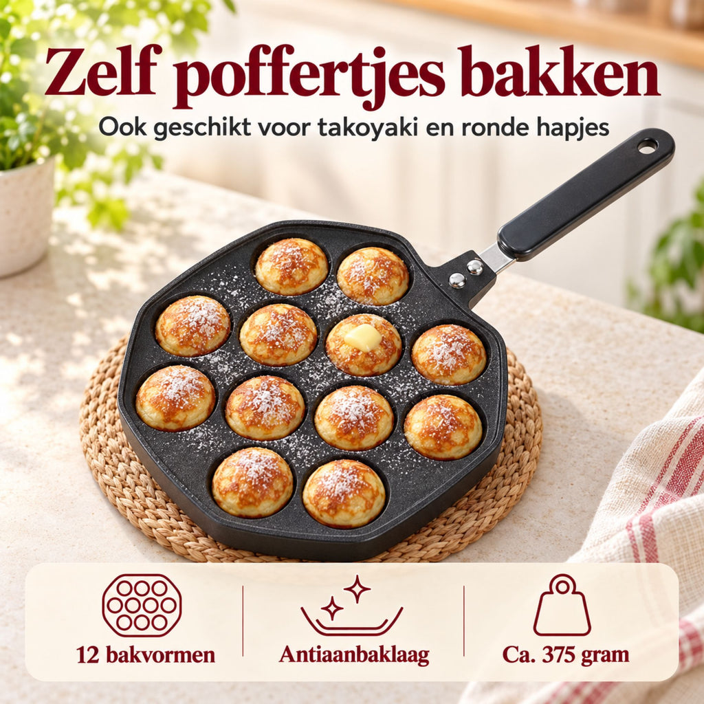 Gietijzeren Poffertjespan met 12 Bakvormen en Antiaanbaklaag – Zwart