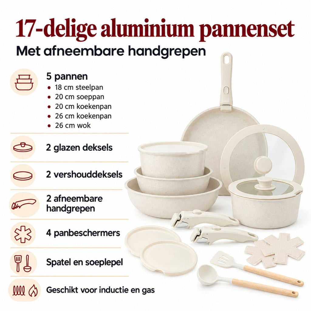 17-Delige Witte Aluminium Pannenset met Afneembare Handgrepen