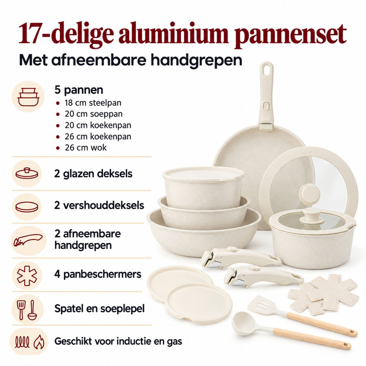 17-Delige Witte Aluminium Pannenset met Afneembare Handgrepen