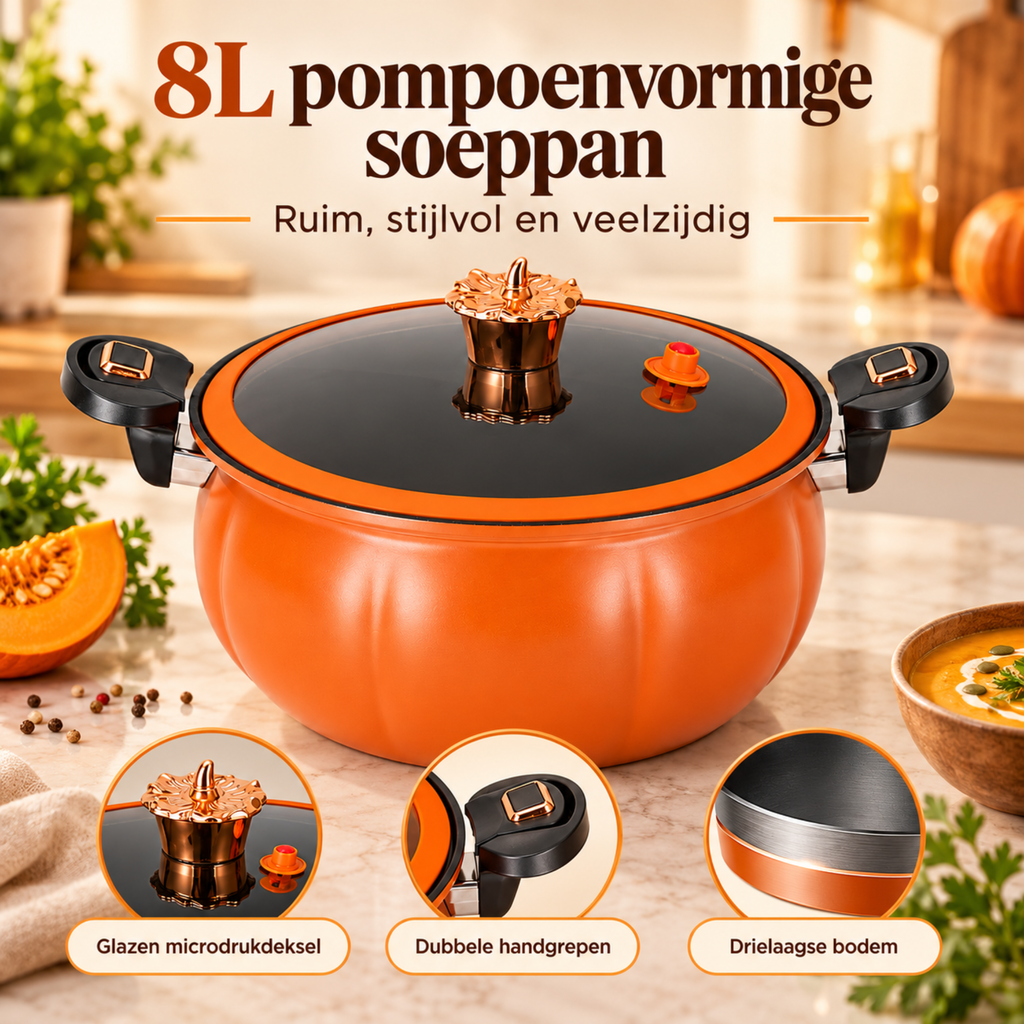 8L Oranje Pompoenvormige Soeppan met Glazen Microdrukdeksel