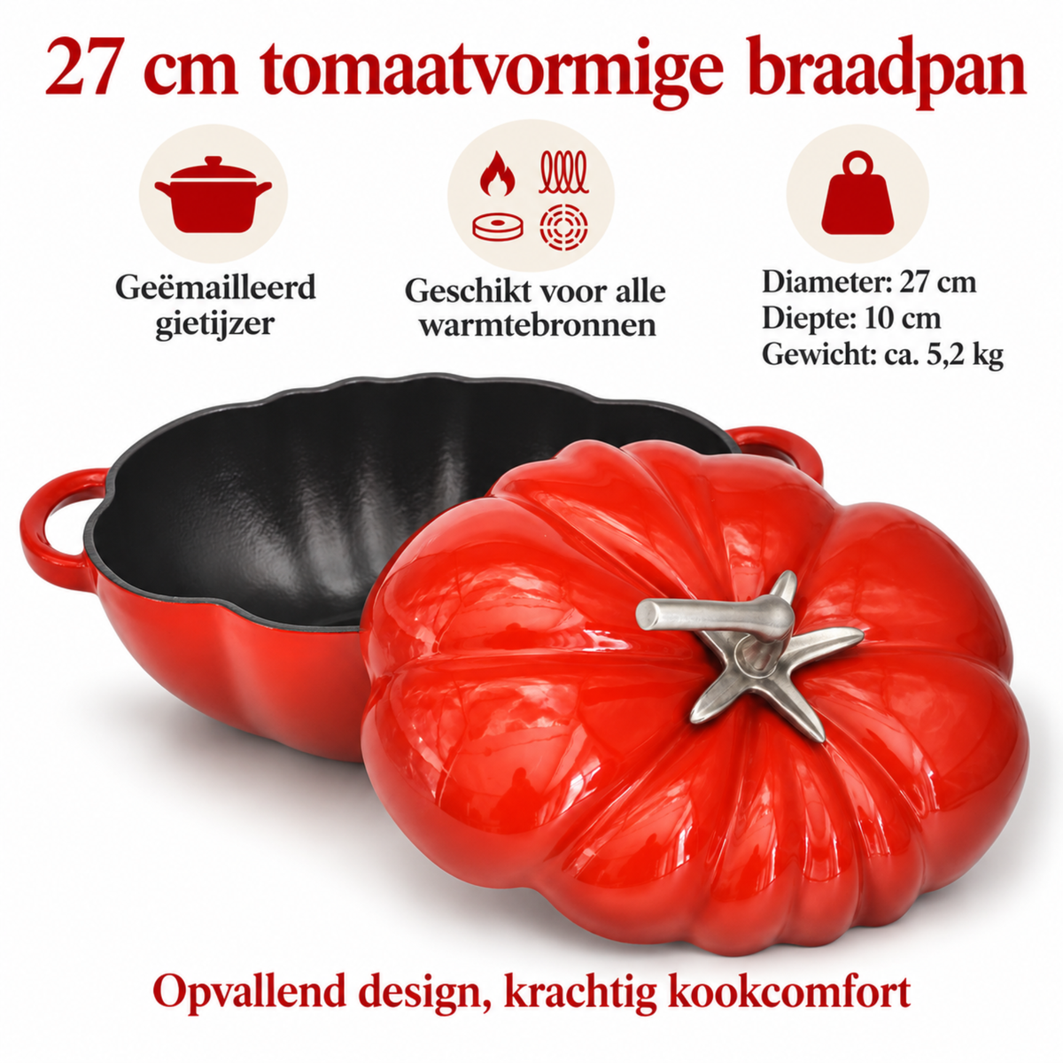 Tomaatvormige Gietijzeren Braadpan met Deksel