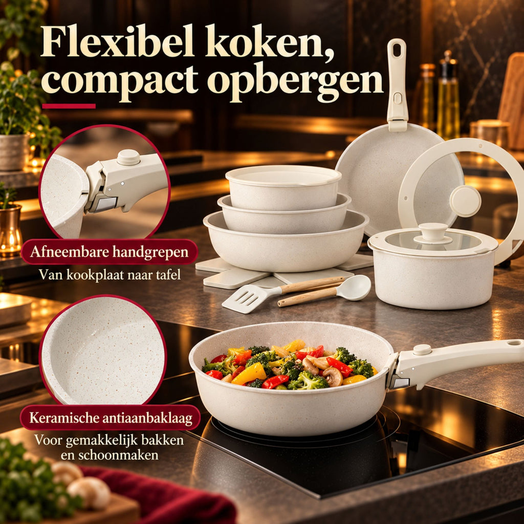 17-Delige Witte Aluminium Pannenset met Afneembare Handgrepen