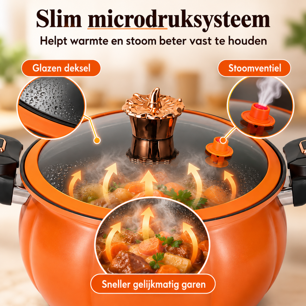 8L Oranje Pompoenvormige Soeppan met Glazen Microdrukdeksel