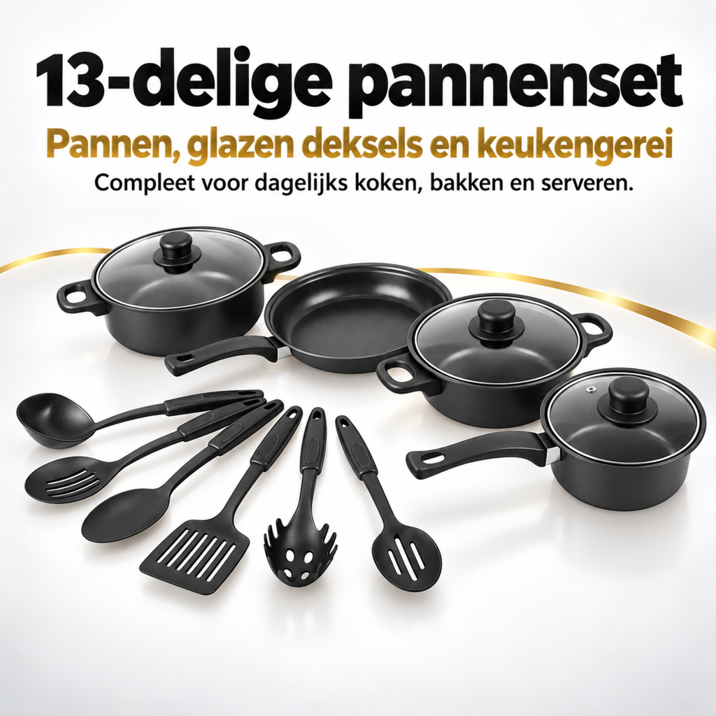 13-delige Pannenset met Antiaanbaklaag - Zwart