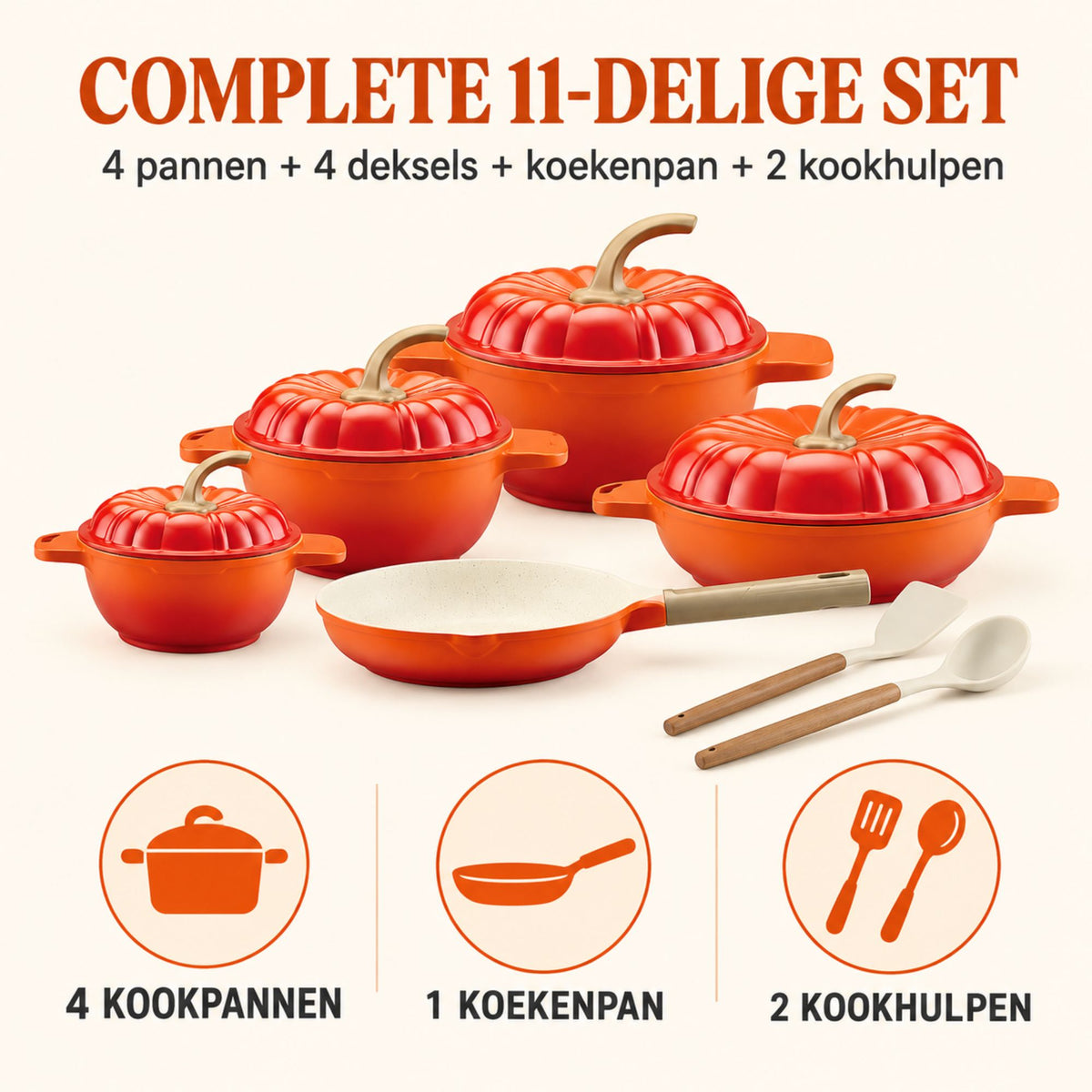 11-Delige Oranje Pompoen Pannenset – Gegoten Aluminium met Keramische Antiaanbaklaag