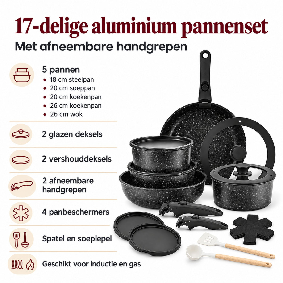 17-delige Aluminium Pannenset met Afneembare Handgrepen