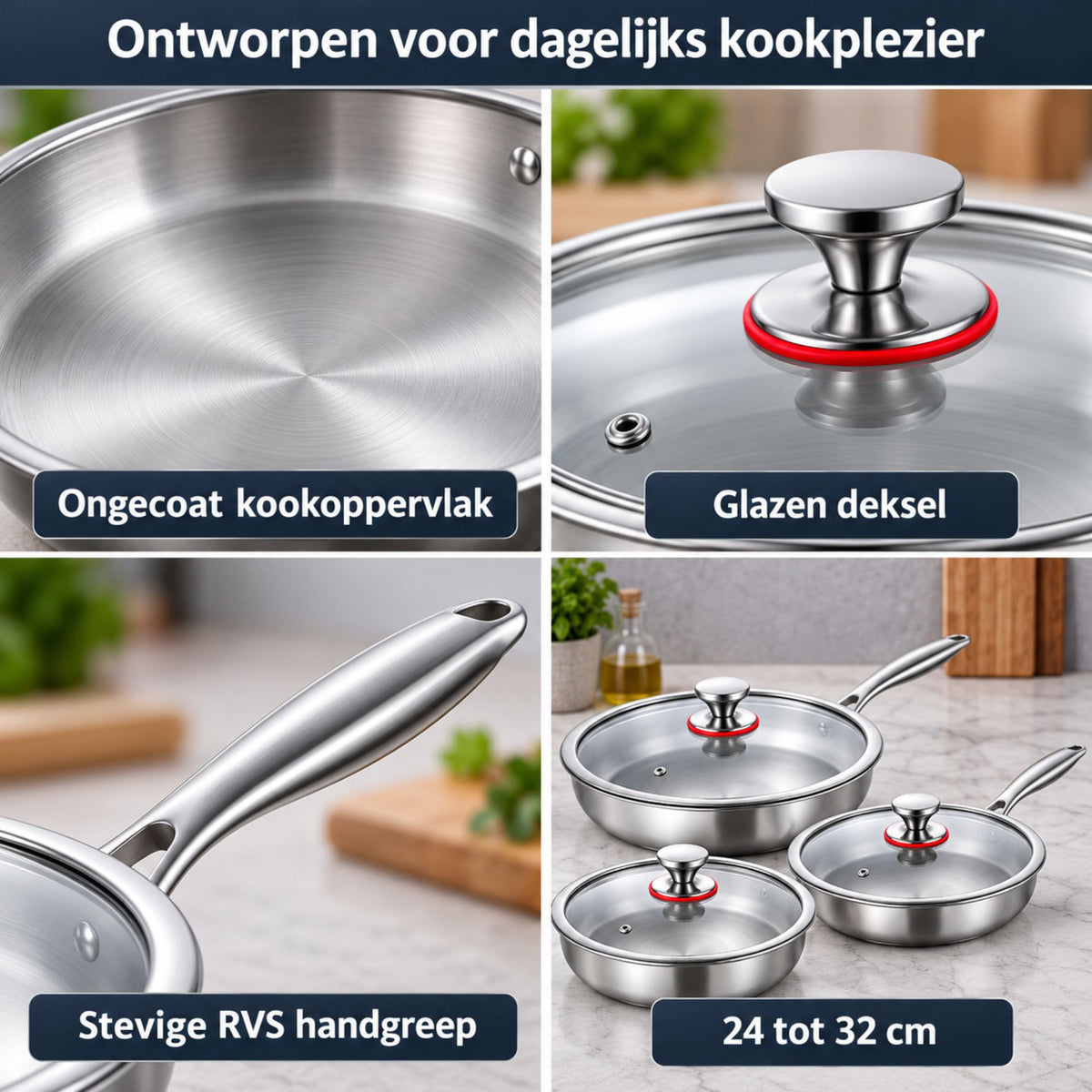 Drielaagse RVS Koekenpan met Glazen Deksel – Ongecoate 304 RVS Braadpan