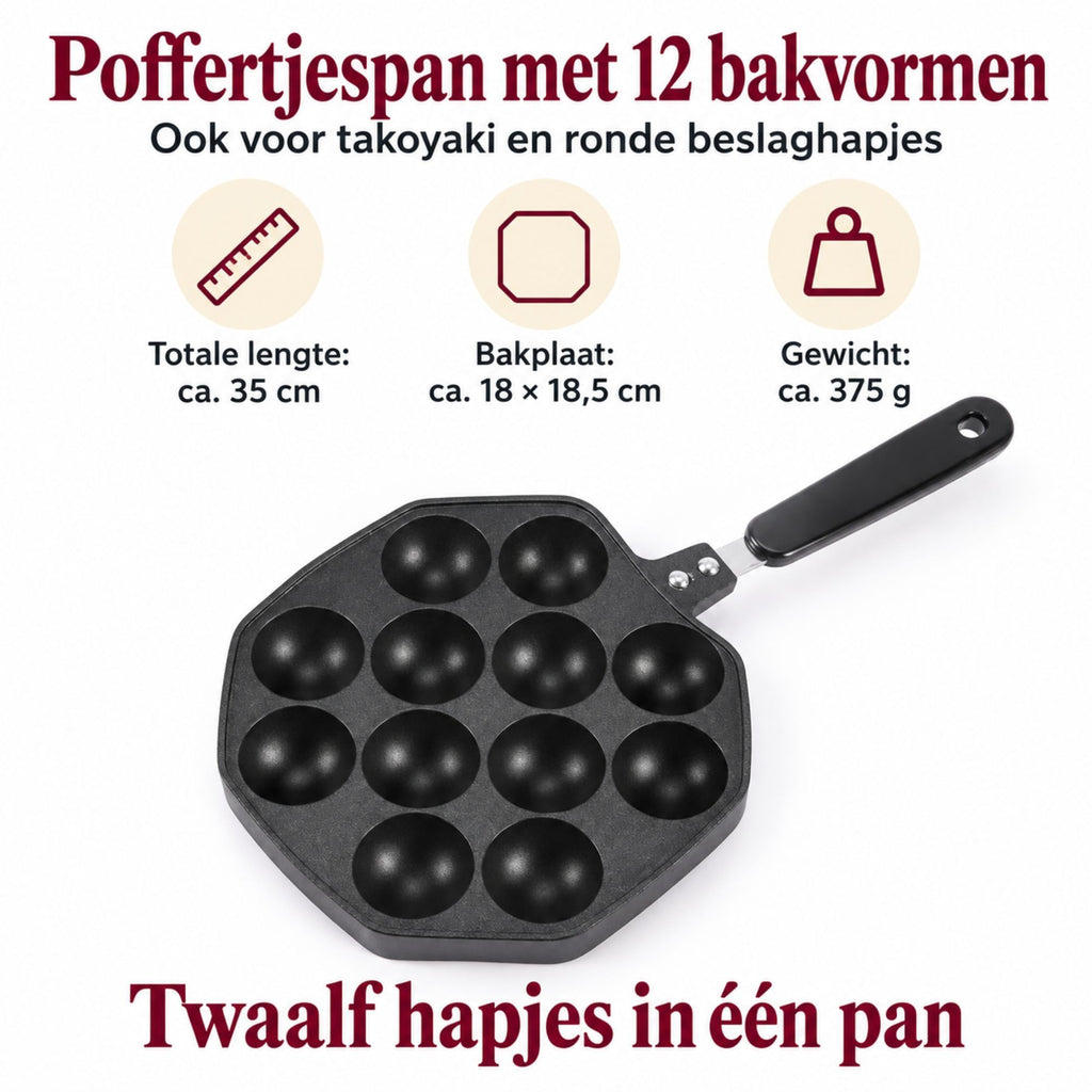 Gietijzeren Poffertjespan met 12 Bakvormen en Antiaanbaklaag – Zwart