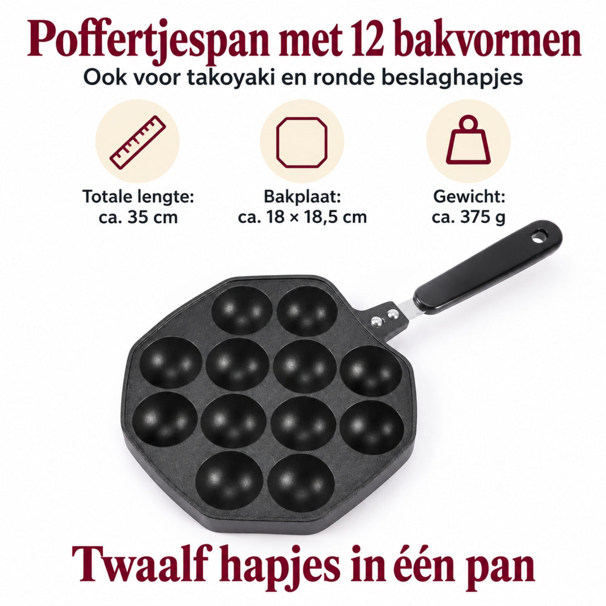 Gietijzeren Poffertjespan met 12 Bakvormen en Antiaanbaklaag – Zwart