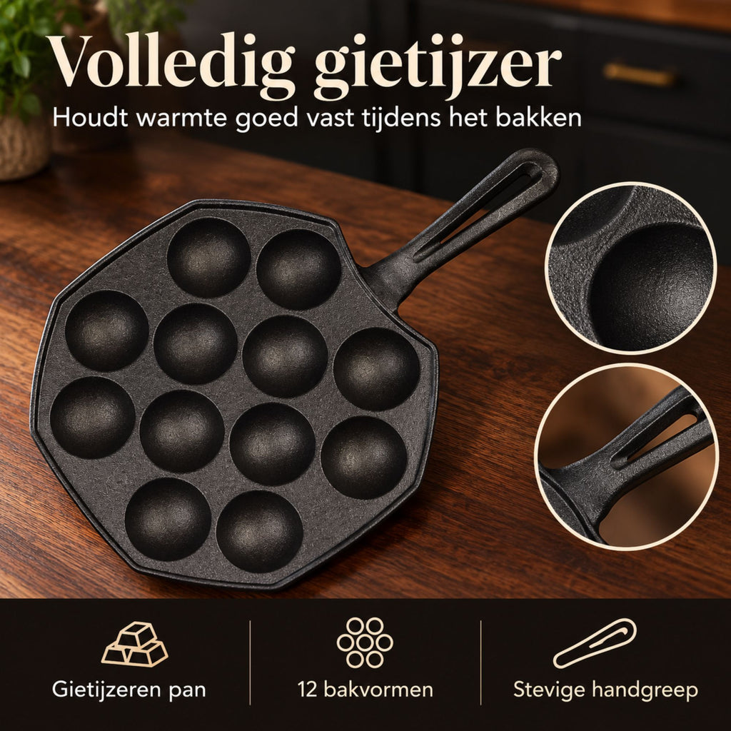 Gietijzeren Poffertjespan – 12 Ronde Vormen – Zwart
