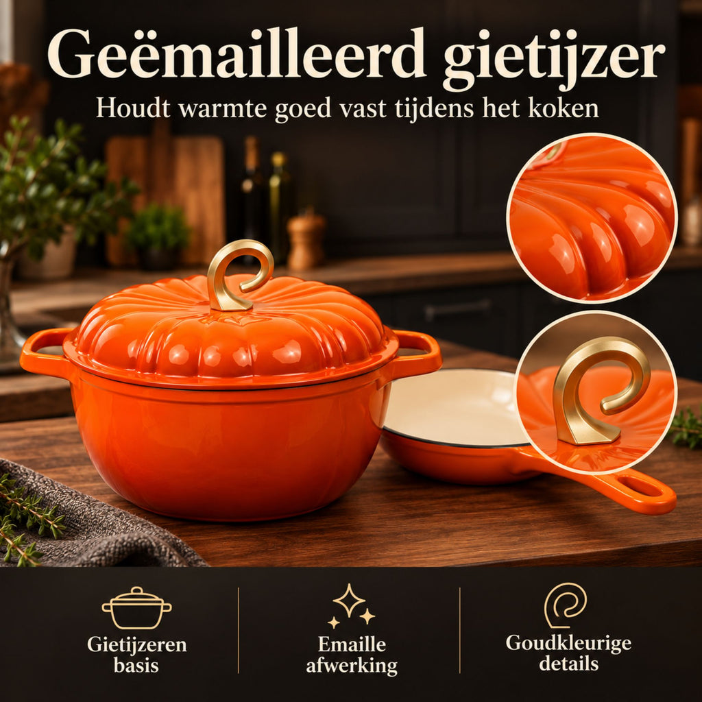 7-delige Pompoenvormige Gietijzeren Pannenset