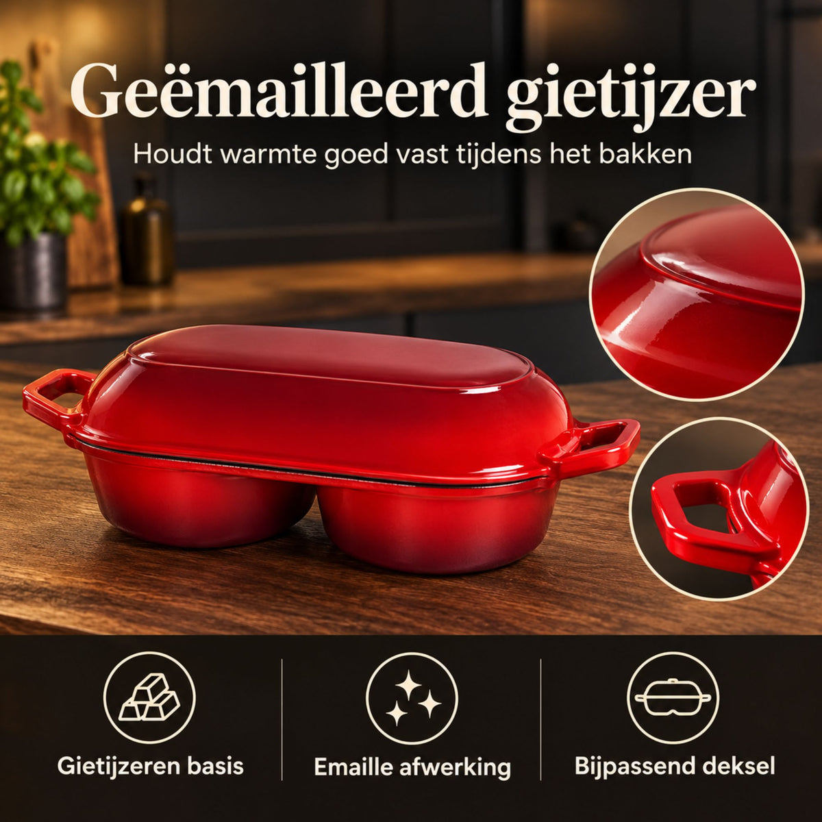 Dubbele Broodpan van Geëmailleerd Gietijzer Rood