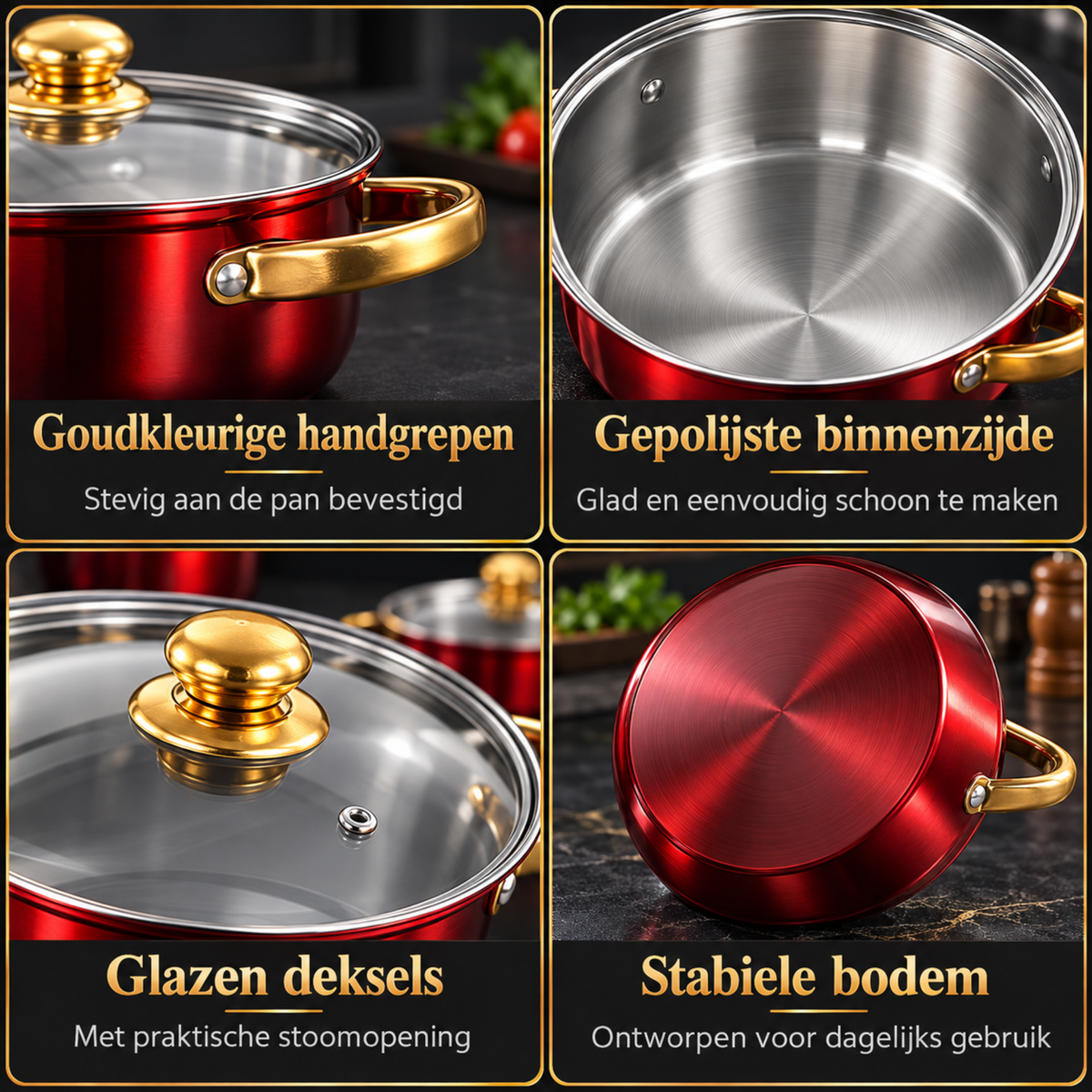 12-delige Pannenset Rood met Goudkleurige Handgrepen