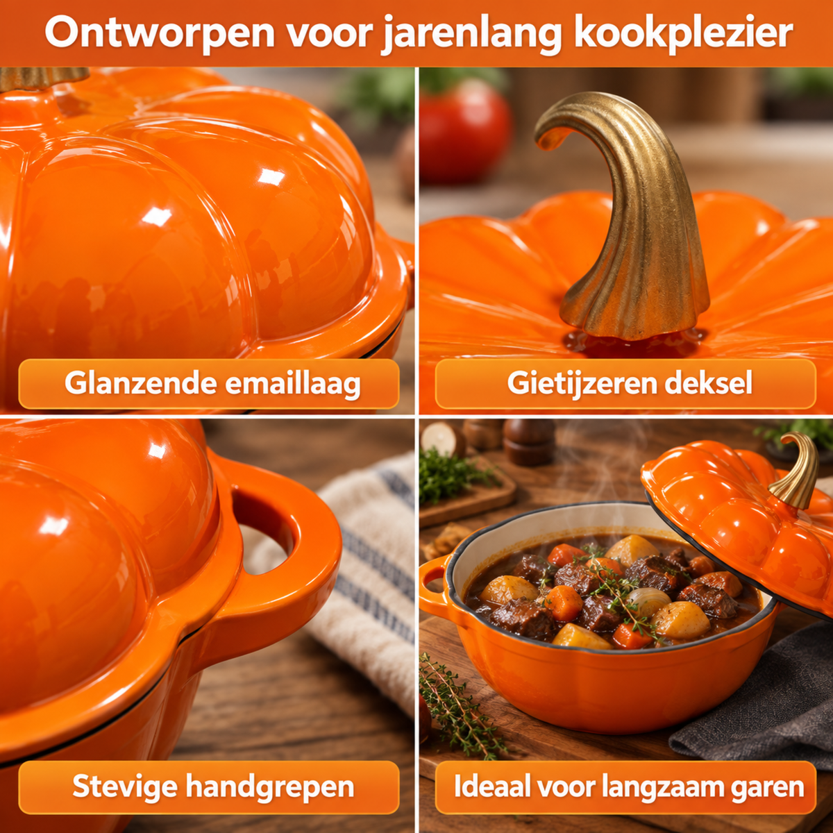 Oranje Pompoenvormige Gietijzeren Braadpan met Deksel
