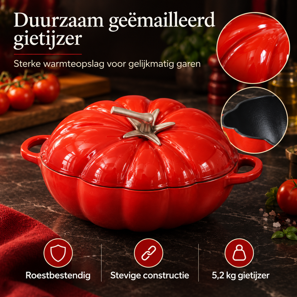 Tomaatvormige Gietijzeren Braadpan met Deksel