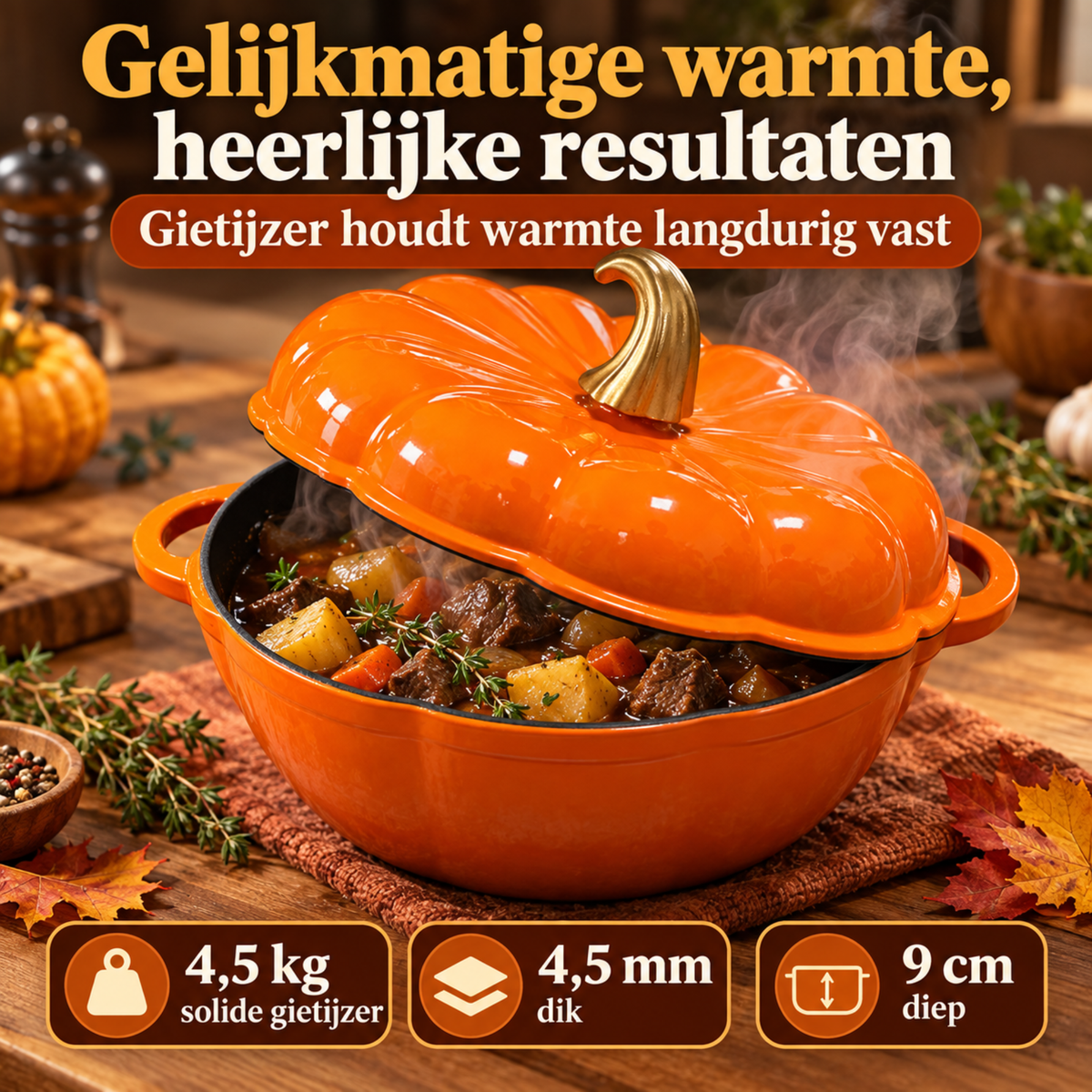Oranje Pompoenvormige Gietijzeren Braadpan met Deksel