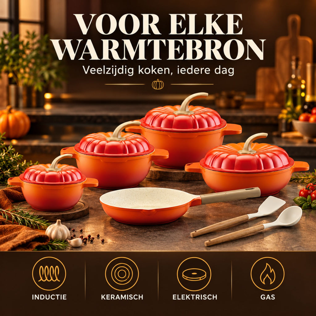 11-Delige Oranje Pompoen Pannenset – Gegoten Aluminium met Keramische Antiaanbaklaag