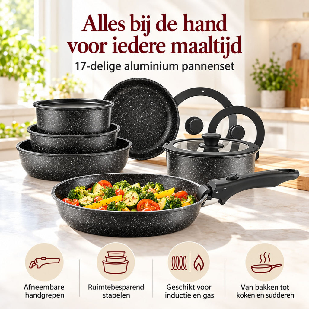 17-delige Aluminium Pannenset met Afneembare Handgrepen