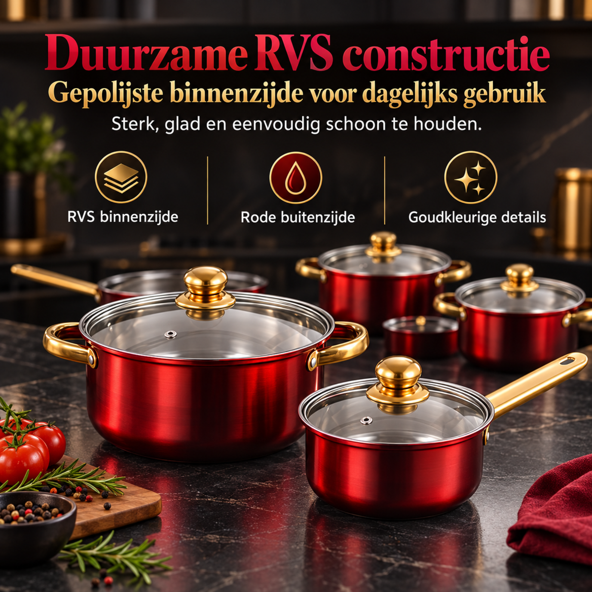 12-delige Pannenset Rood met Goudkleurige Handgrepen