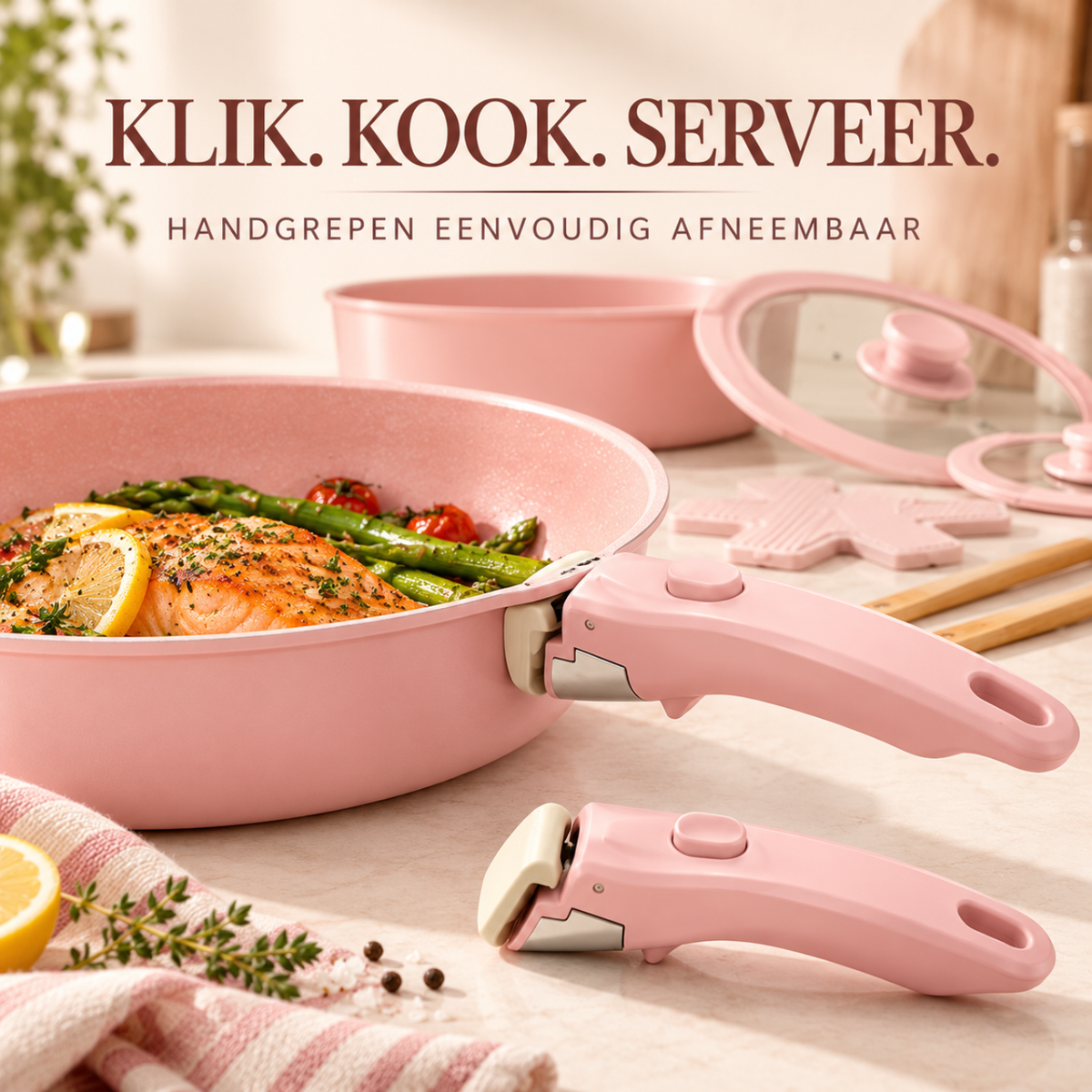 17-Delige Roze Pannenset met Afneembare Handgrepen