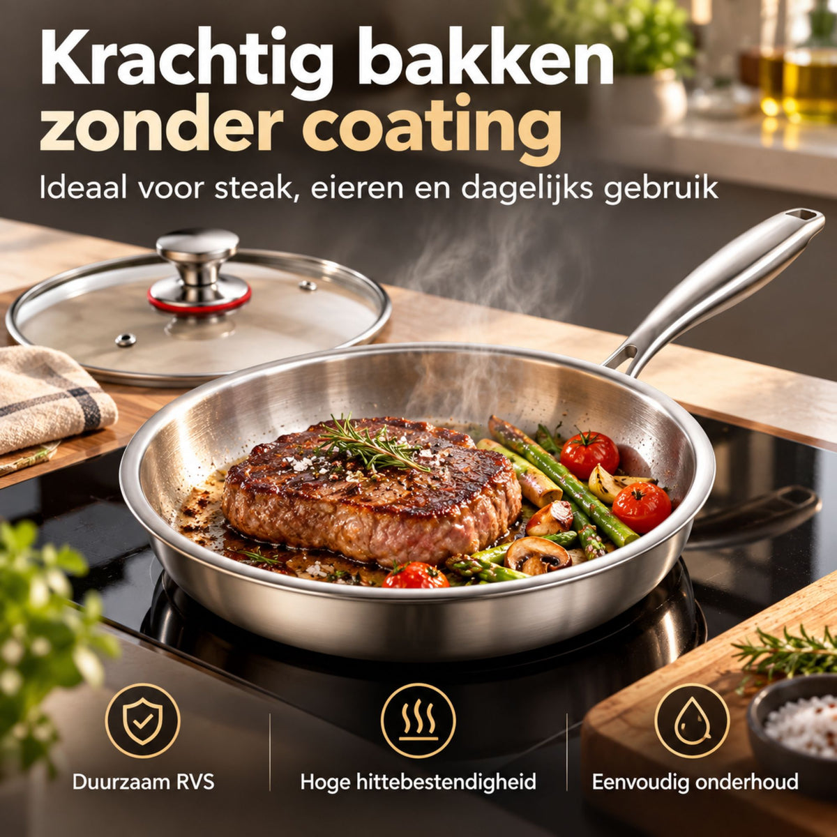 Drielaagse RVS Koekenpan met Glazen Deksel – Ongecoate 304 RVS Braadpan