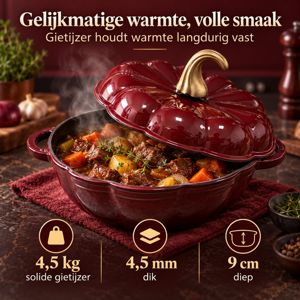 Pompoenvormige Gietijzeren Braadpan/stoofpan met Deksel – Bordeauxrode