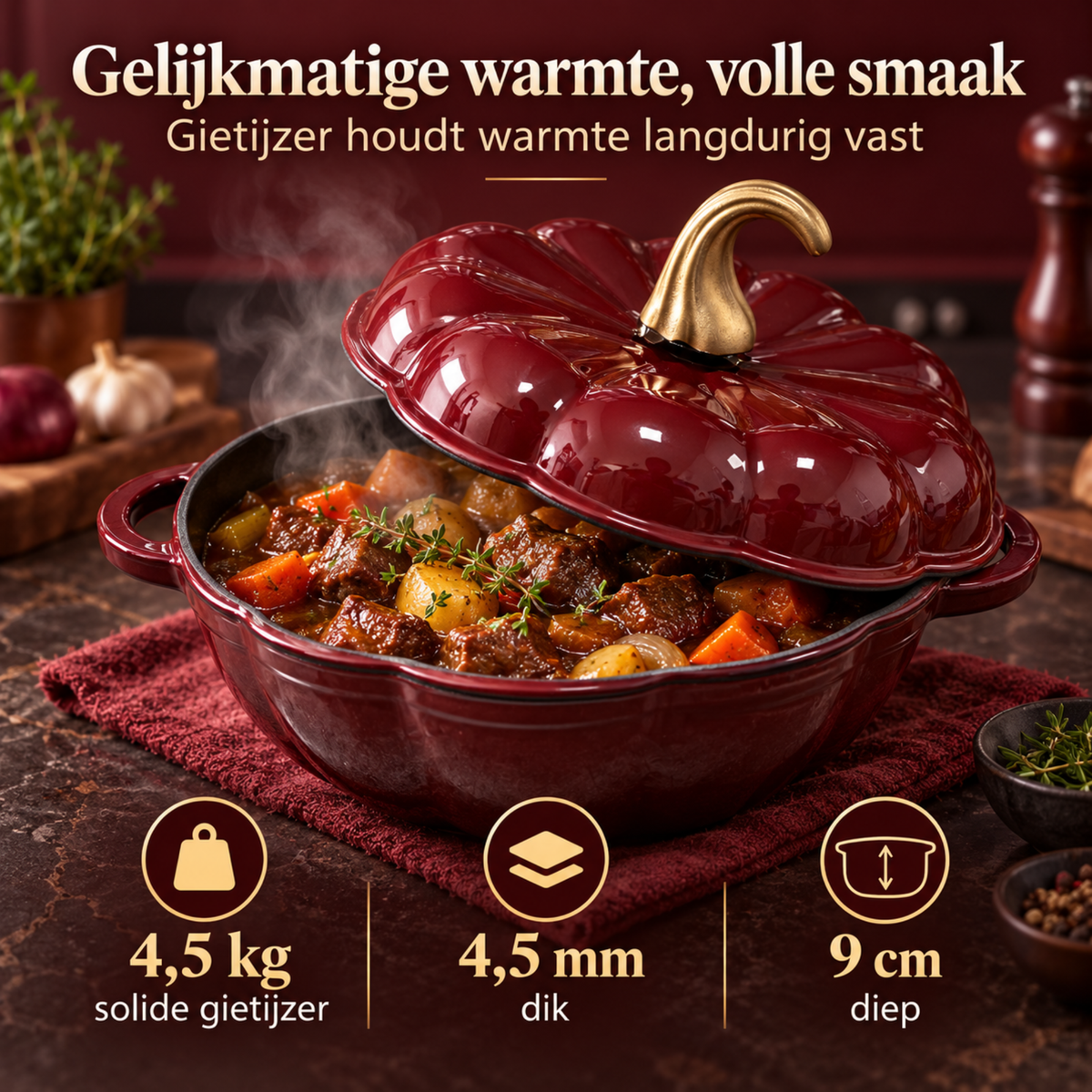 Pompoenvormige Gietijzeren Braadpan/stoofpan met Deksel – Bordeauxrode