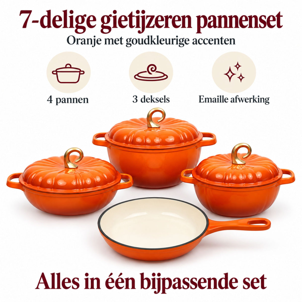 7-delige Pompoenvormige Gietijzeren Pannenset