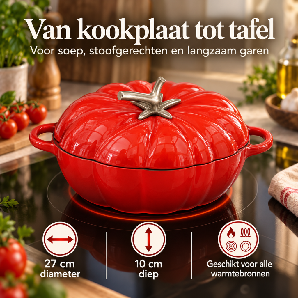 Tomaatvormige Gietijzeren Braadpan met Deksel