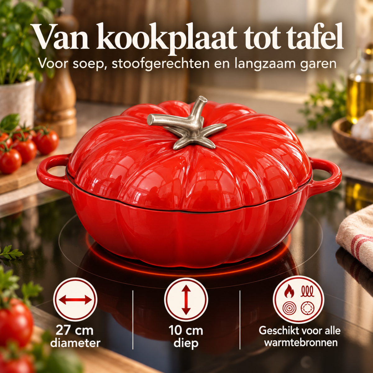 Tomaatvormige Gietijzeren Braadpan met Deksel