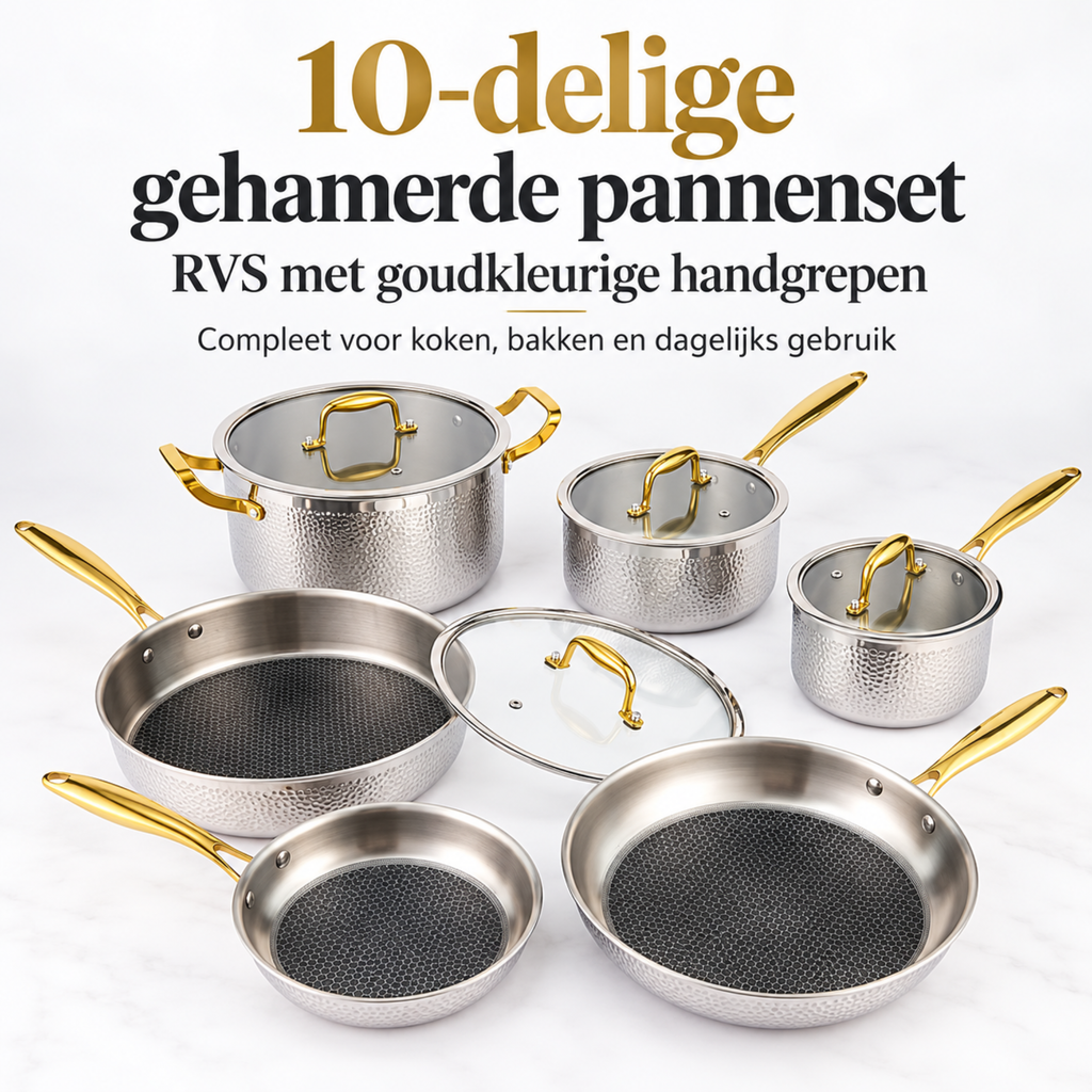 10-delige gehamerde RVS pannenset met honingraatbodem