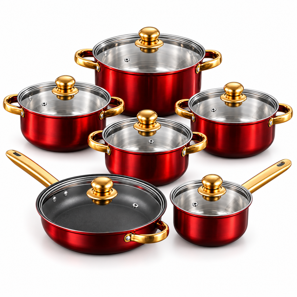 12-delige Pannenset Rood met Goudkleurige Handgrepen